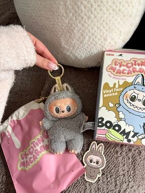 Pop Mart Exciting Macaron Grey Plush Vinyl-Face Keychain